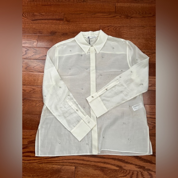 NWT!! Zara Oyster White Ecru Semi Sheer Shirt Blouse With Jewels Size L - Picture 3 of 14